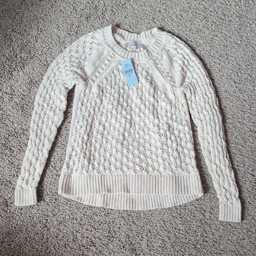 LOFT Textured Pointelle Cream Knit Sweater PXXS